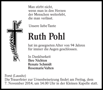 Traueranzeige von Ruth  Pohl von lausitzer_rundschau