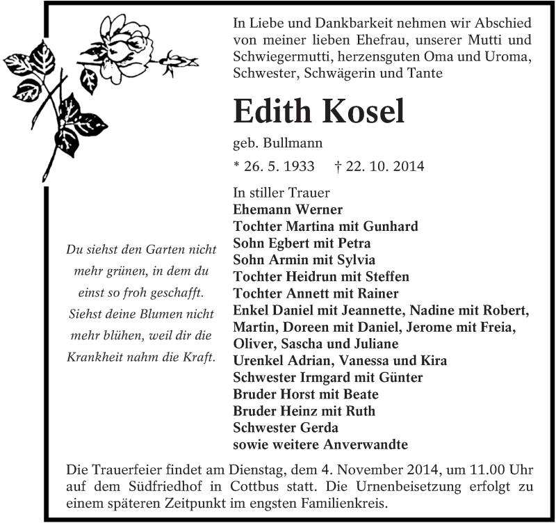  Traueranzeige für Edith Kosel vom 25.10.2014 aus lausitzer_rundschau