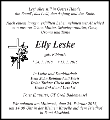 Traueranzeige von Elly Leske von lausitzer_rundschau