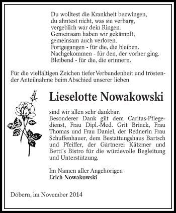 Traueranzeige von Lieselotte Nowakowski von lausitzer_rundschau
