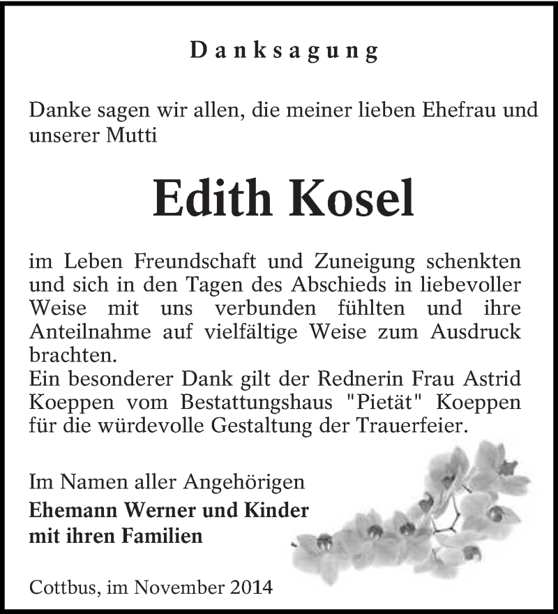  Traueranzeige für Edith Kosel vom 15.11.2014 aus lausitzer_rundschau
