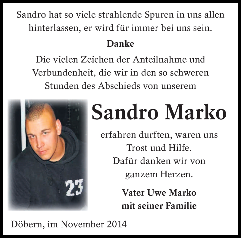  Traueranzeige für Sandro Marko vom 23.11.2014 aus lausitzer_rundschau
