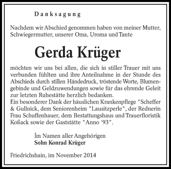 Traueranzeige von Gerda  Krüger von lausitzer_rundschau