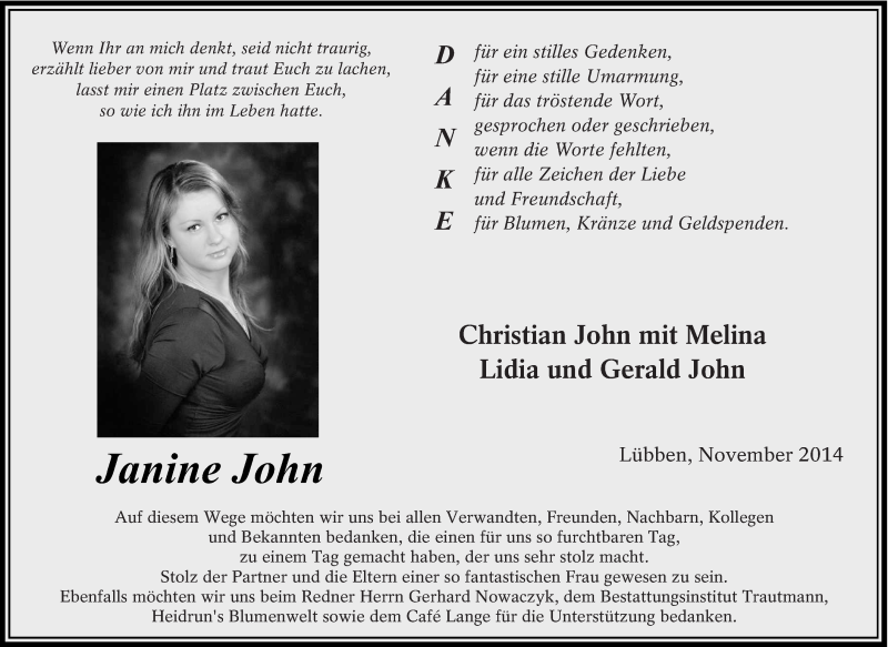 Traueranzeige für Janine John vom 15.11.2014 aus lausitzer_rundschau