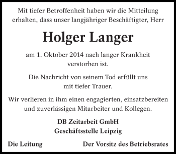 Traueranzeige von Holger Langer von lausitzer_rundschau