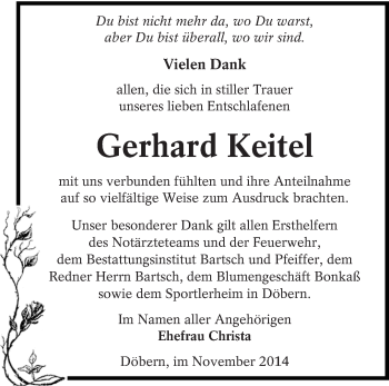 Traueranzeige von Gerhard Keitel von lausitzer_rundschau