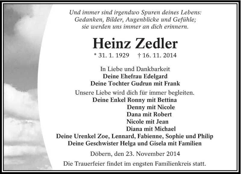  Traueranzeige für Heinz Zedler vom 23.11.2014 aus lausitzer_rundschau