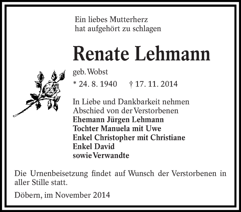  Traueranzeige für Renate Lehmann vom 23.11.2014 aus lausitzer_rundschau