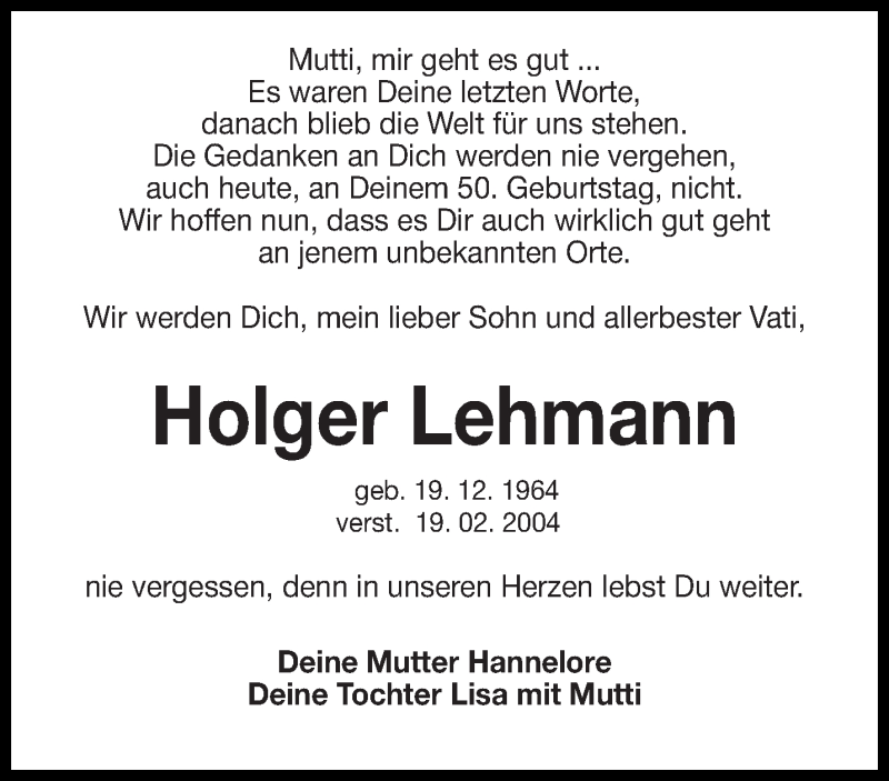  Traueranzeige für Holger Lehmann vom 19.12.2014 aus lausitzer_rundschau