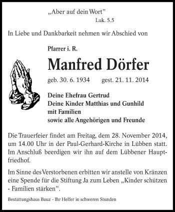 Traueranzeige von Manfred Dörfer von lausitzer_rundschau