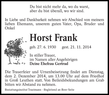 Traueranzeige von Horst Frank von lausitzer_rundschau