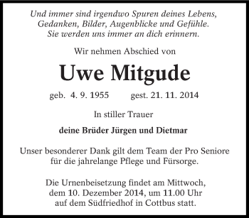 Traueranzeige von Uwe Mitgude von lausitzer_rundschau