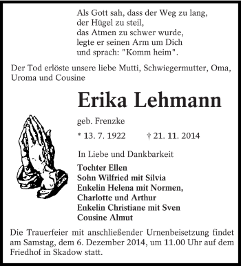 Traueranzeige von Erika Lehmann von lausitzer_rundschau