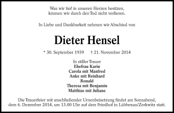 Traueranzeige von Dieter Hensel von lausitzer_rundschau