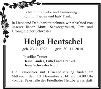 Traueranzeige von Helga Hentschel von lausitzer_rundschau