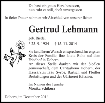 Traueranzeige von Gertrud Lehmann von lausitzer_rundschau