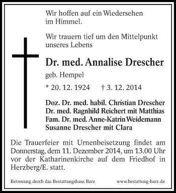 Traueranzeige von Annalise Drescher von lausitzer_rundschau