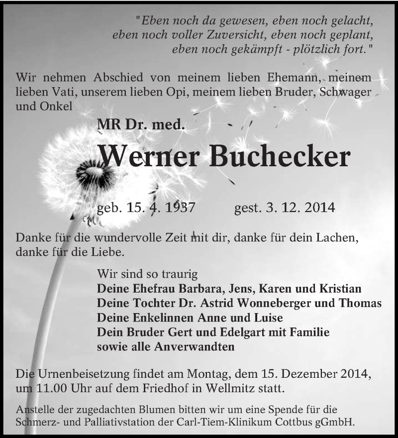  Traueranzeige für Werner Buchecker vom 09.12.2014 aus lausitzer_rundschau