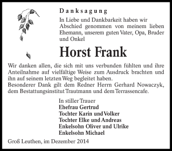 Traueranzeige von Horst Frank von lausitzer_rundschau