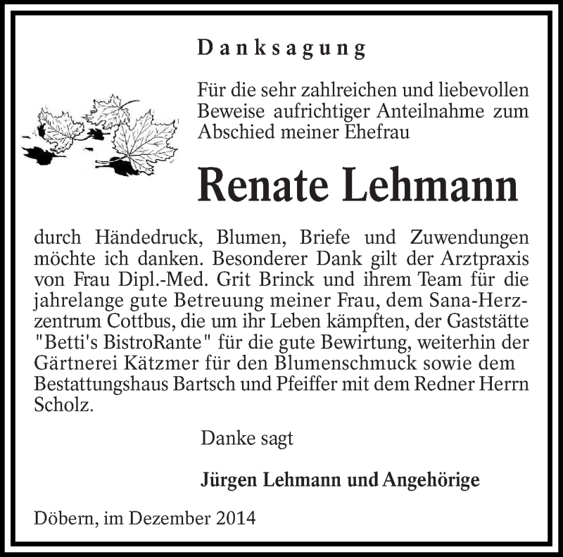  Traueranzeige für Renate Lehmann vom 14.12.2014 aus lausitzer_rundschau