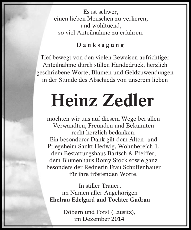  Traueranzeige für Heinz Zedler vom 14.12.2014 aus lausitzer_rundschau