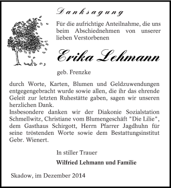 Traueranzeige von Erika Lehmann von lausitzer_rundschau