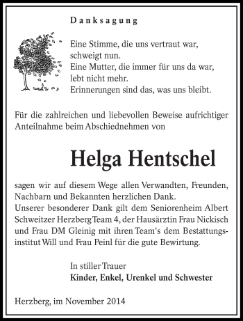 Traueranzeige von Helga Hentschel von lausitzer_rundschau