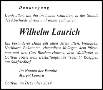 Traueranzeige von Wilhelm Laurich von lausitzer_rundschau