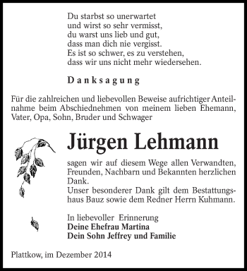 Traueranzeige von Jürgen Lehmann von lausitzer_rundschau