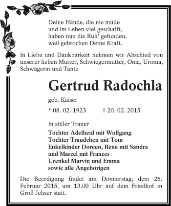 Traueranzeige von Gertrud Radochla von lausitzer_rundschau