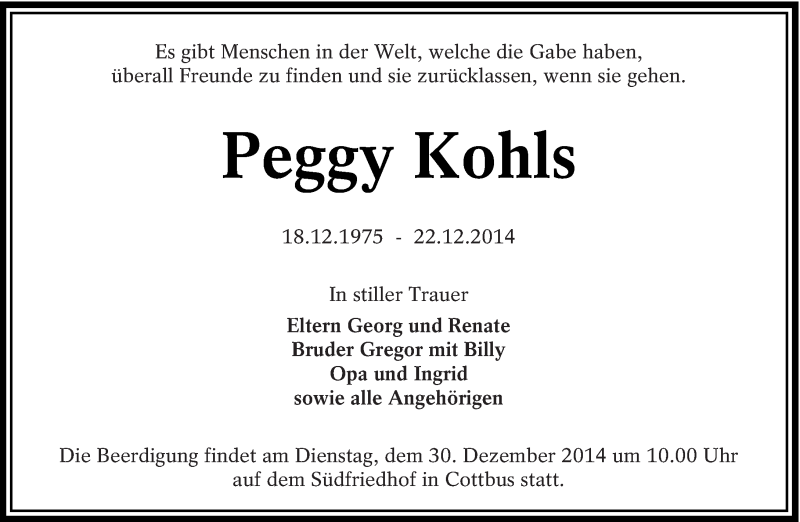  Traueranzeige für Peggy Kohls vom 27.12.2014 aus lausitzer_rundschau