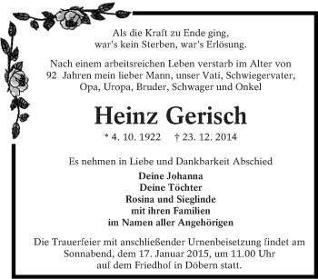 Traueranzeige von Heinz Gerisch von lausitzer_rundschau