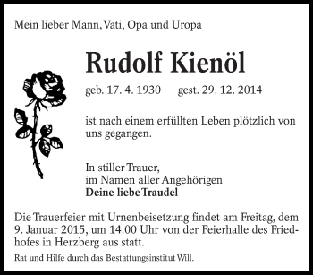 Traueranzeige von Rudolf Kienöl von lausitzer_rundschau