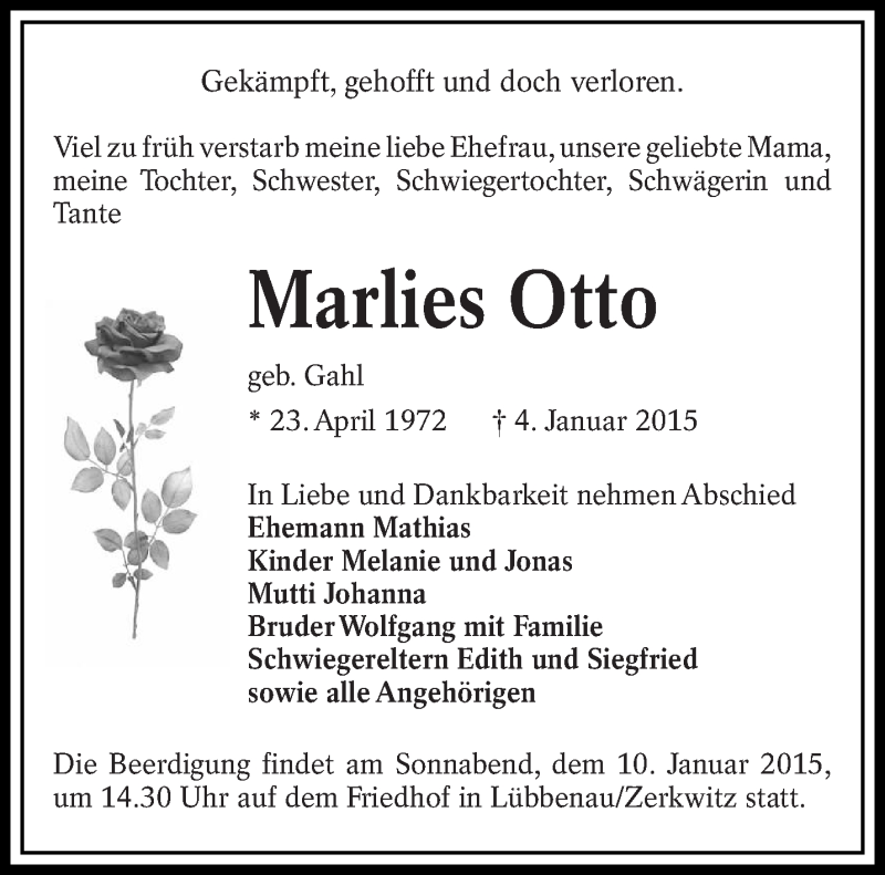  Traueranzeige für Marlies Otto vom 07.01.2015 aus lausitzer_rundschau