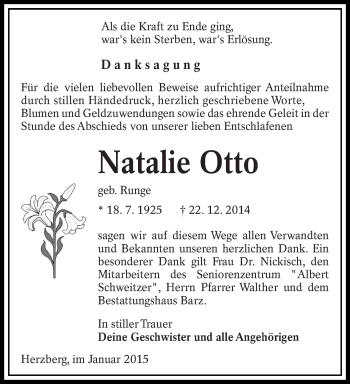 Traueranzeige von Natalie Otto von lausitzer_rundschau