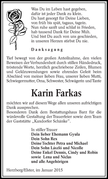 Traueranzeige von Karin Farkas von lausitzer_rundschau