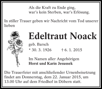 Traueranzeige von Edeltraut Noack von lausitzer_rundschau