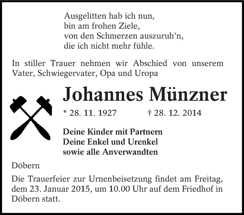  Traueranzeige für Johannes Münzner vom 18.01.2015 aus lausitzer_rundschau