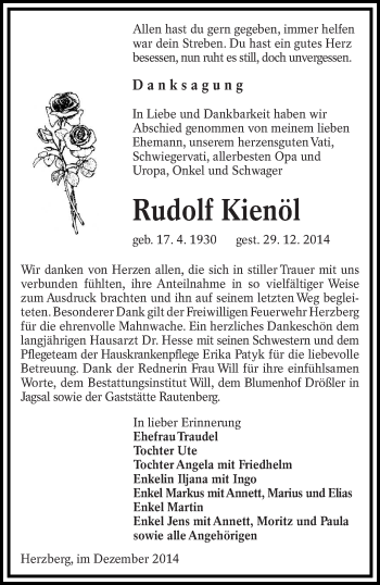 Traueranzeige von Rudolf Kienöl von lausitzer_rundschau