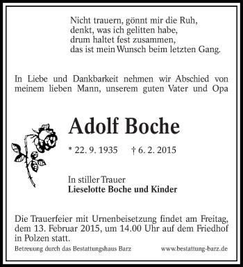 Traueranzeige von Adolf Boche von lausitzer_rundschau
