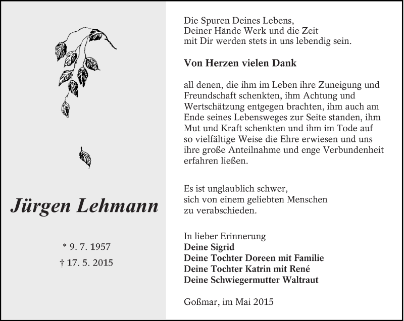  Traueranzeige für Jürgen Lehmann vom 05.06.2015 aus lausitzer_rundschau