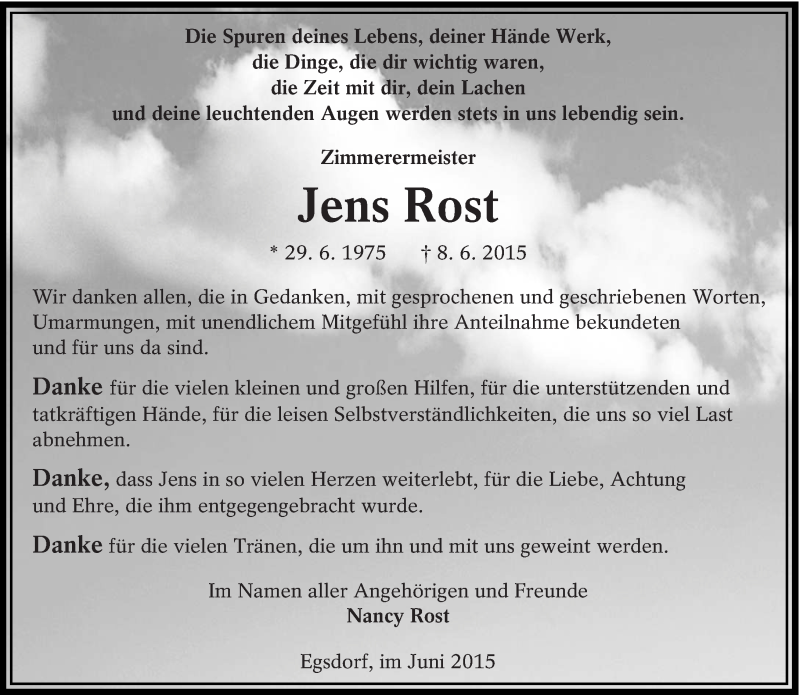  Traueranzeige für Jens Rost vom 27.06.2015 aus lausitzer_rundschau