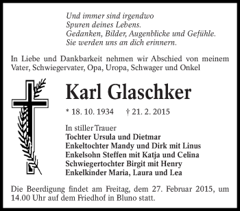 Traueranzeige von Karl Glaschker von lausitzer_rundschau