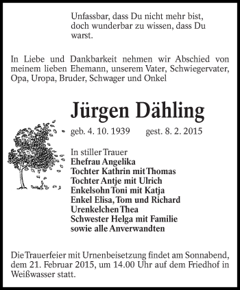 Traueranzeige von Jürgen Dähling von lausitzer_rundschau