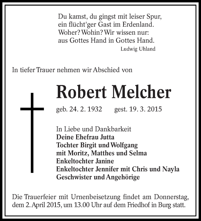  Traueranzeige für Robert Melcher vom 28.03.2015 aus lausitzer_rundschau