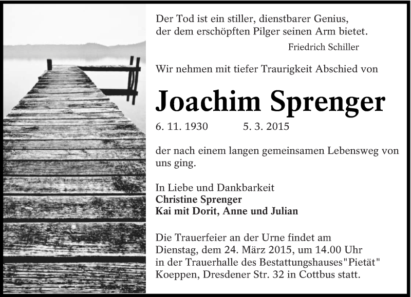  Traueranzeige für Joachim Sprenger vom 12.03.2015 aus lausitzer_rundschau