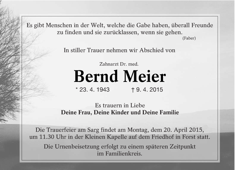  Traueranzeige für Bernd Meier vom 14.04.2015 aus lausitzer_rundschau