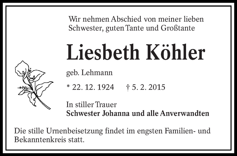  Traueranzeige für Liesbeth Köhler vom 11.02.2015 aus lausitzer_rundschau