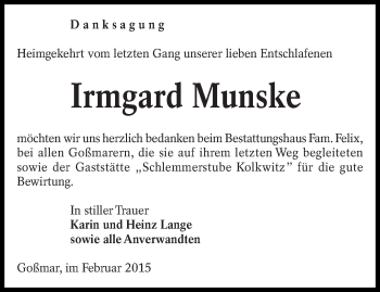Traueranzeige von Irmgard Munske von lausitzer_rundschau