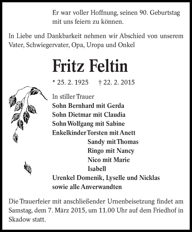  Traueranzeige für Fritz Feltin vom 28.02.2015 aus lausitzer_rundschau